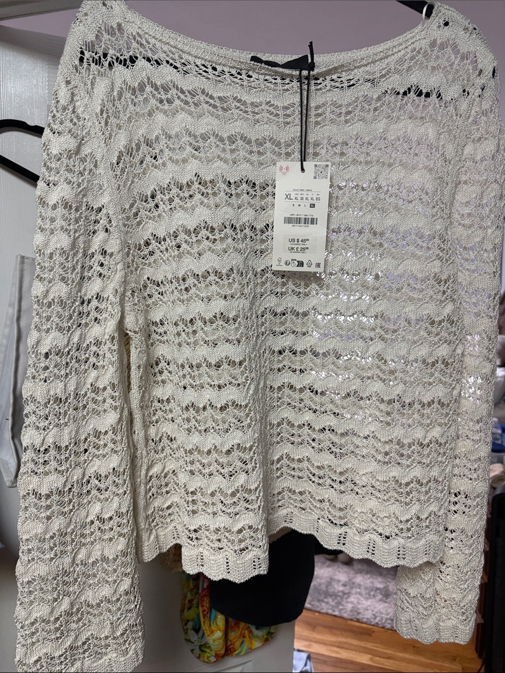 Zara Cream Crochet Knit Long Sleeve Top